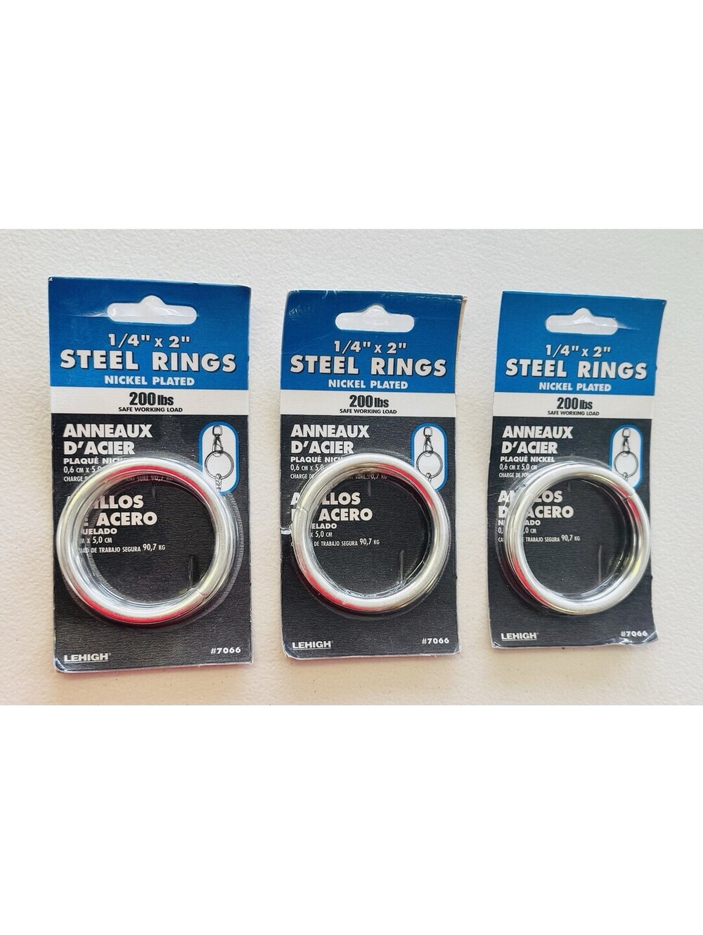 (Lot of 3) 2 Pack 1/4” x 2”  Steel Rings-200lb Safe Working Load-Nickel Plated